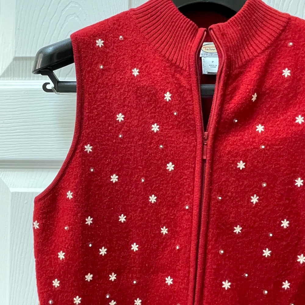 Vintage Talbots‎ Women's Petite Sz Petite Red Full Zip Holiday Vest Embroidered